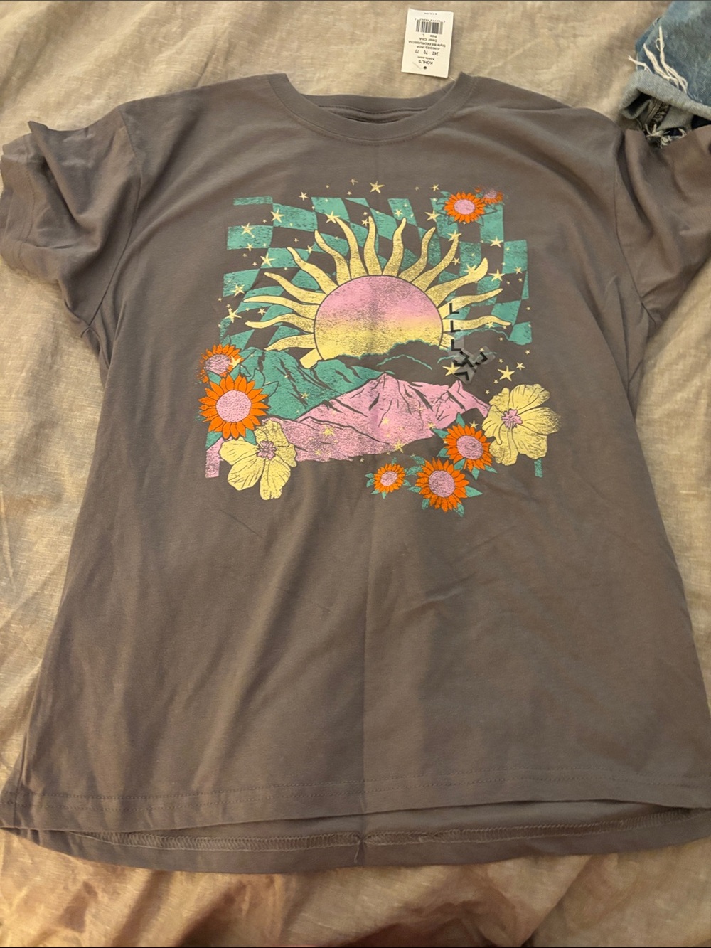 Mighty Fine Gray Graphic Tee with Pink Sun and Colorful Floral Design